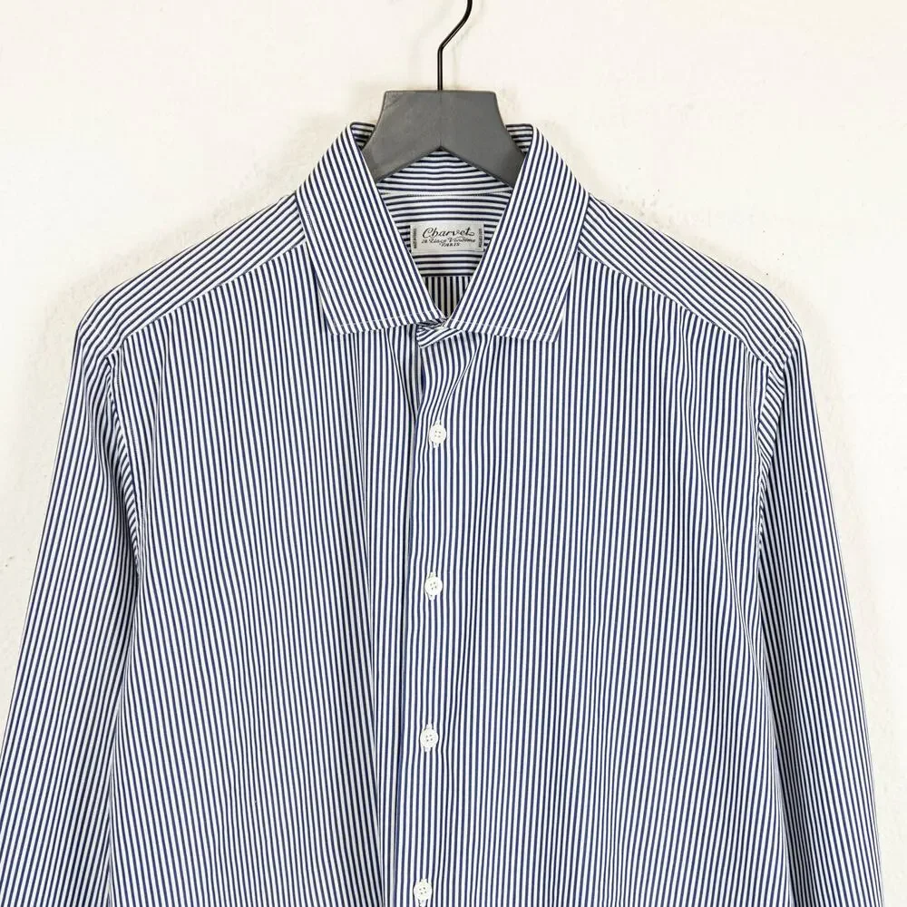 Charvet Paris Men's Classic fit Dress Shirt Blue Striped cotton 16 neck